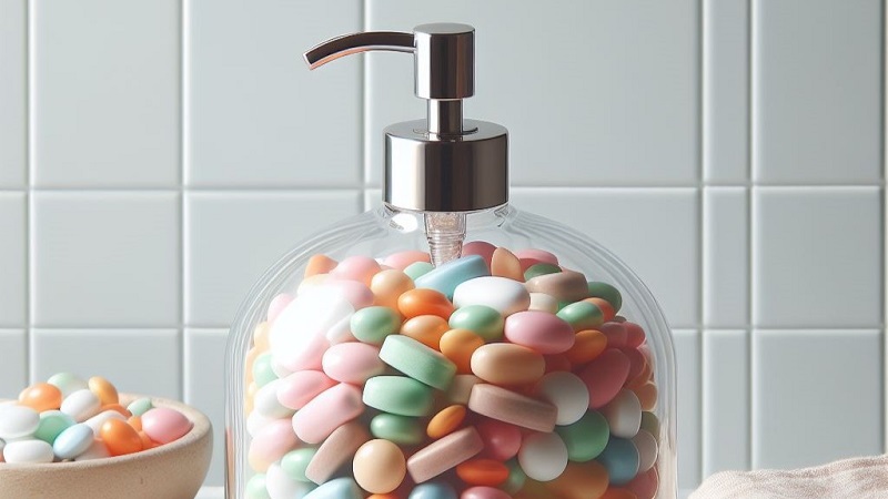 a glass of hand soap tablets 